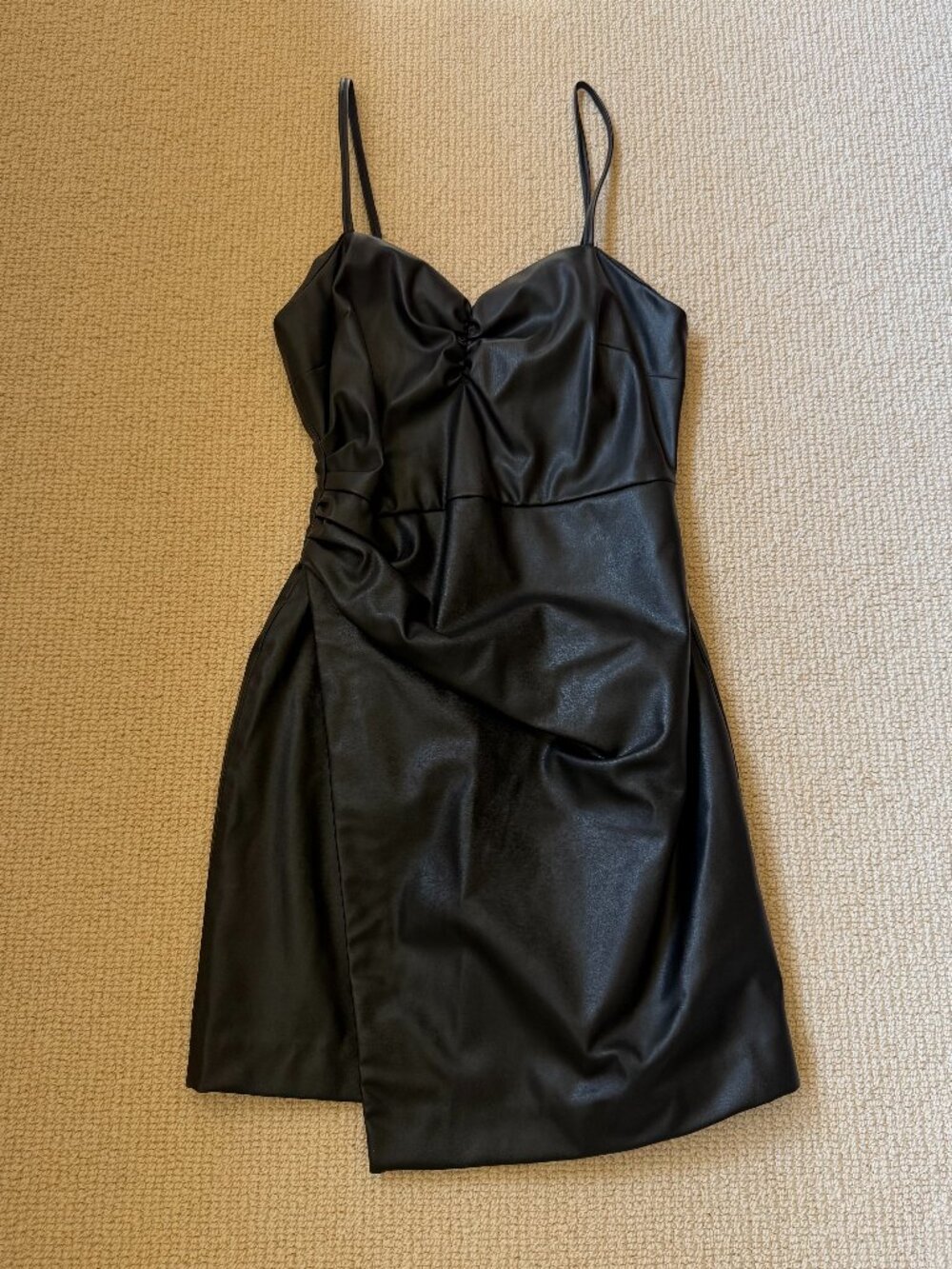 Zara Black Faux Leather Ruched Asymmetric Mini Dress